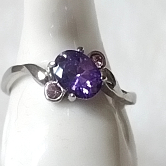 Stainless Steel Cocktail Ring Purple CZ Amethyst Color | Hypoallergenic - Picture 5 of 12